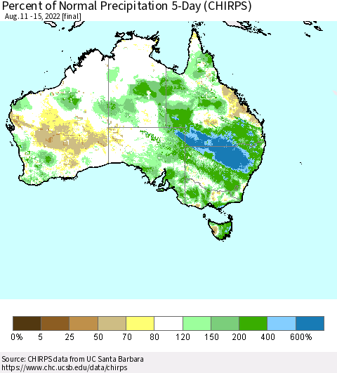Australia Percent of Normal Precipitation 5-Day (CHIRPS) Thematic Map For 8/11/2022 - 8/15/2022