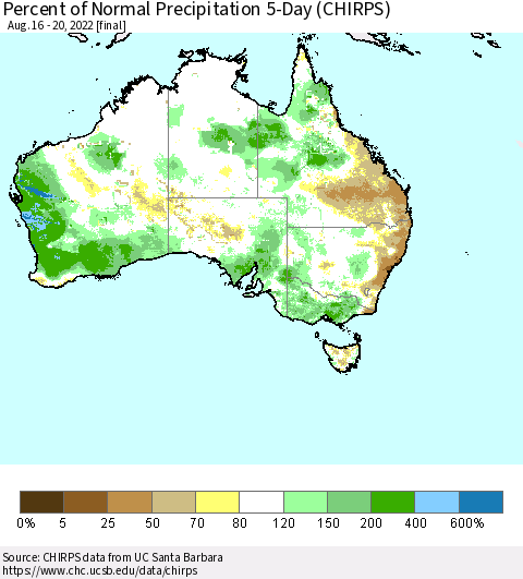 Australia Percent of Normal Precipitation 5-Day (CHIRPS) Thematic Map For 8/16/2022 - 8/20/2022
