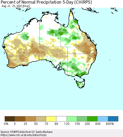 Australia Percent of Normal Precipitation 5-Day (CHIRPS) Thematic Map For 8/21/2022 - 8/25/2022