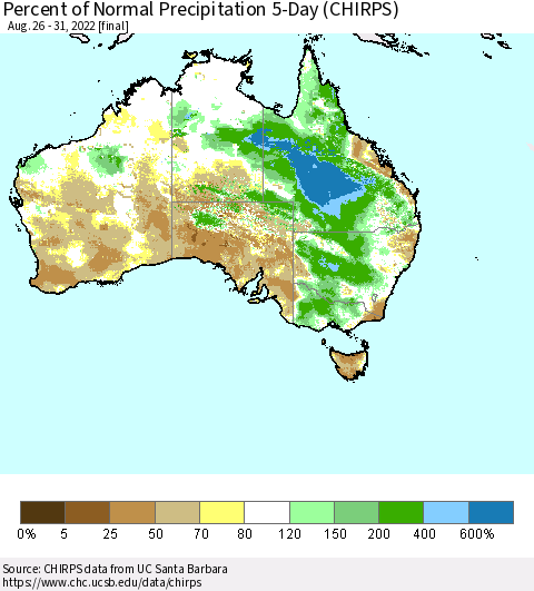 Australia Percent of Normal Precipitation 5-Day (CHIRPS) Thematic Map For 8/26/2022 - 8/31/2022
