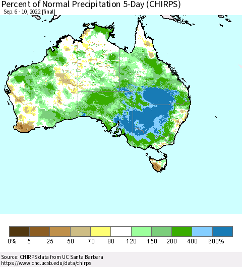 Australia Percent of Normal Precipitation 5-Day (CHIRPS) Thematic Map For 9/6/2022 - 9/10/2022