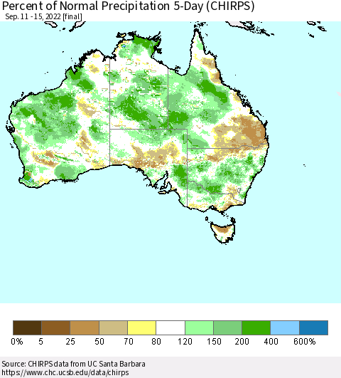 Australia Percent of Normal Precipitation 5-Day (CHIRPS) Thematic Map For 9/11/2022 - 9/15/2022