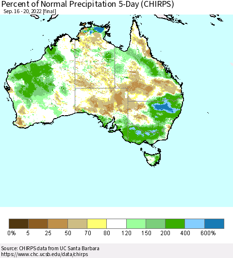 Australia Percent of Normal Precipitation 5-Day (CHIRPS) Thematic Map For 9/16/2022 - 9/20/2022