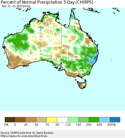 Australia Percent of Normal Precipitation 5-Day (CHIRPS) Thematic Map For 9/21/2022 - 9/25/2022