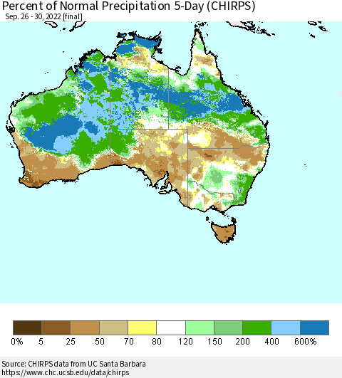 Australia Percent of Normal Precipitation 5-Day (CHIRPS) Thematic Map For 9/26/2022 - 9/30/2022