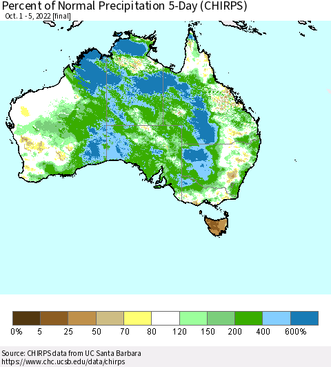 Australia Percent of Normal Precipitation 5-Day (CHIRPS) Thematic Map For 10/1/2022 - 10/5/2022