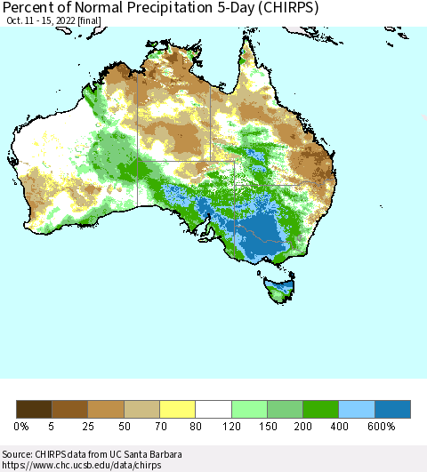 Australia Percent of Normal Precipitation 5-Day (CHIRPS) Thematic Map For 10/11/2022 - 10/15/2022