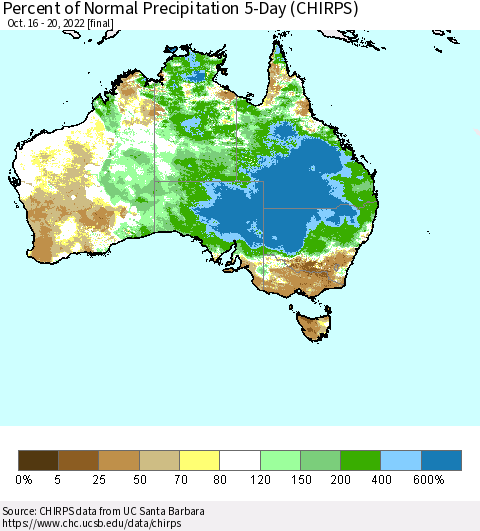 Australia Percent of Normal Precipitation 5-Day (CHIRPS) Thematic Map For 10/16/2022 - 10/20/2022