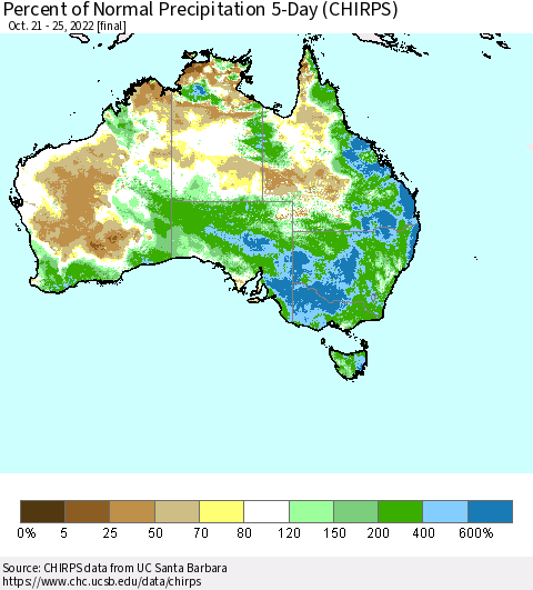 Australia Percent of Normal Precipitation 5-Day (CHIRPS) Thematic Map For 10/21/2022 - 10/25/2022