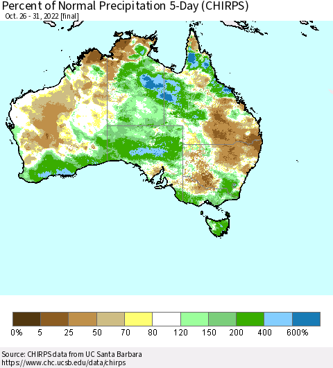 Australia Percent of Normal Precipitation 5-Day (CHIRPS) Thematic Map For 10/26/2022 - 10/31/2022