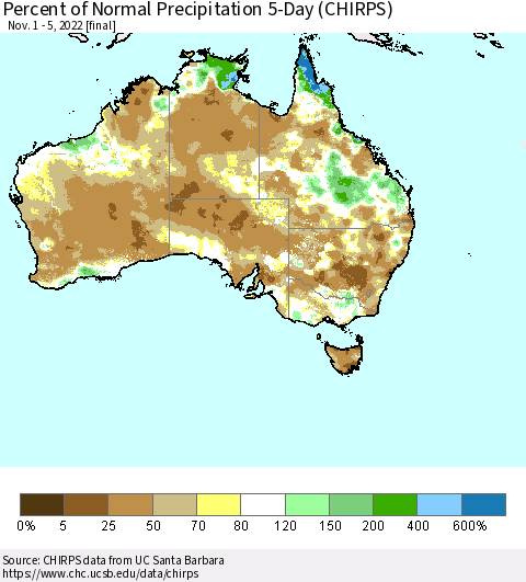 Australia Percent of Normal Precipitation 5-Day (CHIRPS) Thematic Map For 11/1/2022 - 11/5/2022