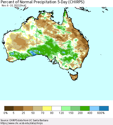Australia Percent of Normal Precipitation 5-Day (CHIRPS) Thematic Map For 11/6/2022 - 11/10/2022