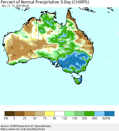 Australia Percent of Normal Precipitation 5-Day (CHIRPS) Thematic Map For 11/11/2022 - 11/15/2022