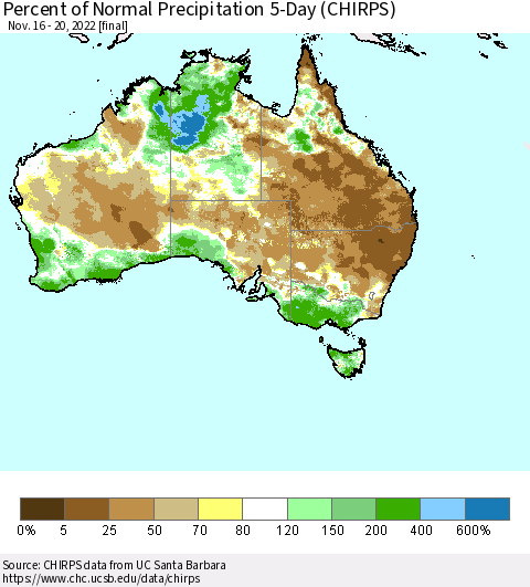 Australia Percent of Normal Precipitation 5-Day (CHIRPS) Thematic Map For 11/16/2022 - 11/20/2022