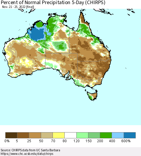 Australia Percent of Normal Precipitation 5-Day (CHIRPS) Thematic Map For 11/21/2022 - 11/25/2022