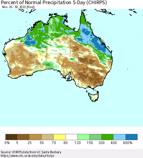 Australia Percent of Normal Precipitation 5-Day (CHIRPS) Thematic Map For 11/26/2022 - 11/30/2022