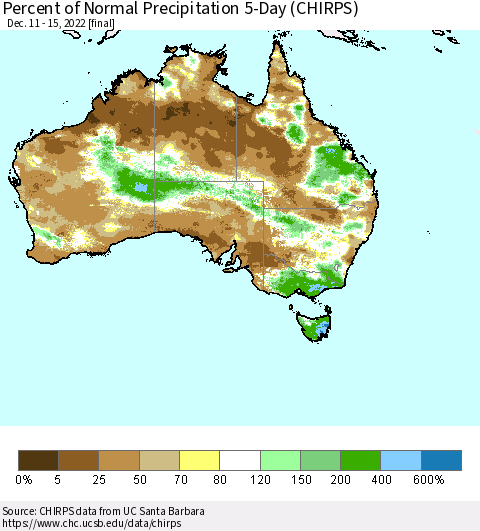Australia Percent of Normal Precipitation 5-Day (CHIRPS) Thematic Map For 12/11/2022 - 12/15/2022