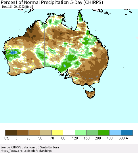 Australia Percent of Normal Precipitation 5-Day (CHIRPS) Thematic Map For 12/16/2022 - 12/20/2022
