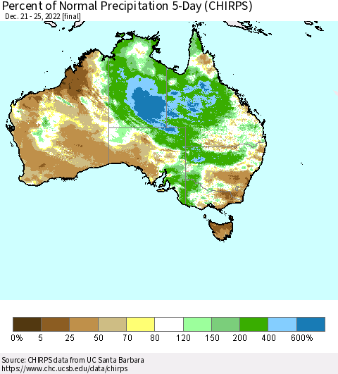 Australia Percent of Normal Precipitation 5-Day (CHIRPS) Thematic Map For 12/21/2022 - 12/25/2022