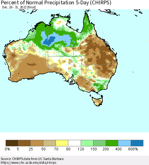 Australia Percent of Normal Precipitation 5-Day (CHIRPS) Thematic Map For 12/26/2022 - 12/31/2022