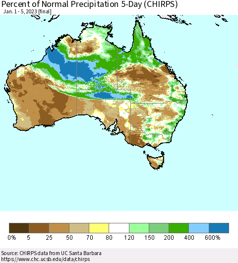 Australia Percent of Normal Precipitation 5-Day (CHIRPS) Thematic Map For 1/1/2023 - 1/5/2023