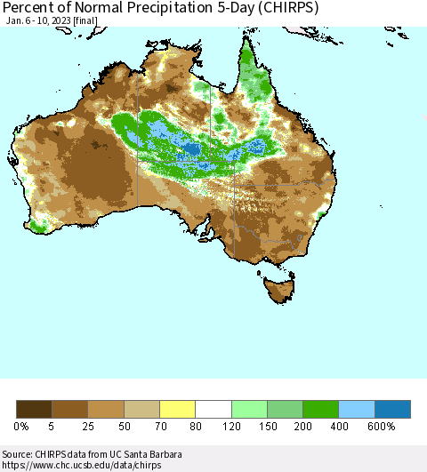 Australia Percent of Normal Precipitation 5-Day (CHIRPS) Thematic Map For 1/6/2023 - 1/10/2023