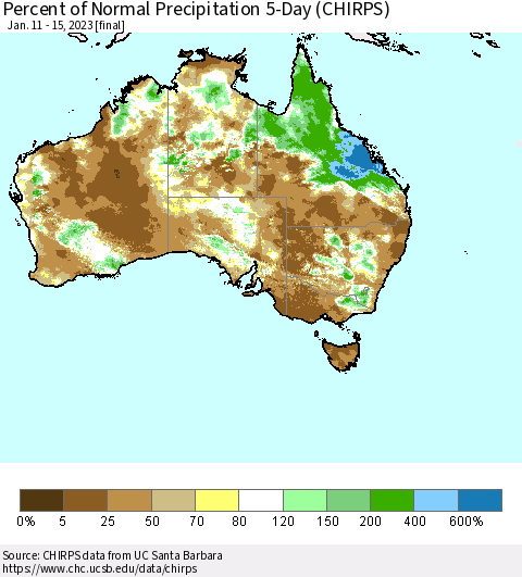 Australia Percent of Normal Precipitation 5-Day (CHIRPS) Thematic Map For 1/11/2023 - 1/15/2023