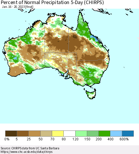 Australia Percent of Normal Precipitation 5-Day (CHIRPS) Thematic Map For 1/16/2023 - 1/20/2023