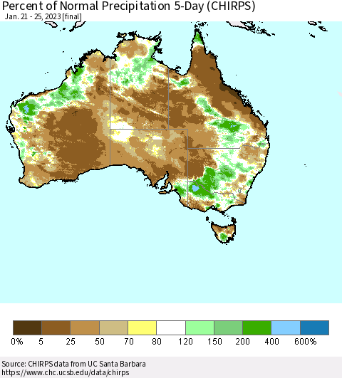 Australia Percent of Normal Precipitation 5-Day (CHIRPS) Thematic Map For 1/21/2023 - 1/25/2023