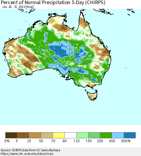 Australia Percent of Normal Precipitation 5-Day (CHIRPS) Thematic Map For 1/26/2023 - 1/31/2023