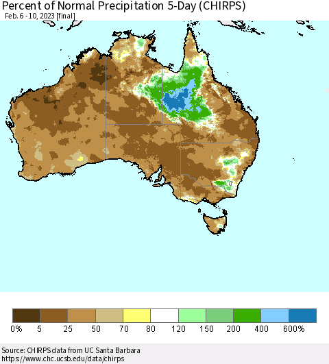 Australia Percent of Normal Precipitation 5-Day (CHIRPS) Thematic Map For 2/6/2023 - 2/10/2023