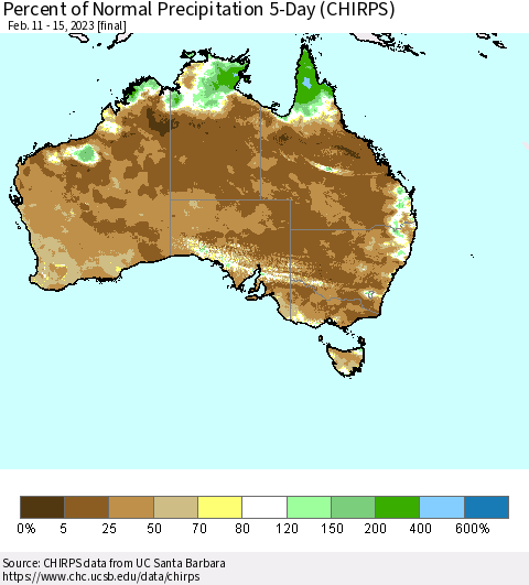 Australia Percent of Normal Precipitation 5-Day (CHIRPS) Thematic Map For 2/11/2023 - 2/15/2023