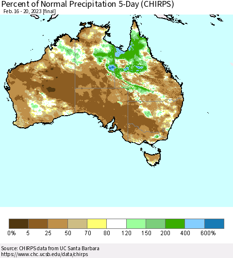 Australia Percent of Normal Precipitation 5-Day (CHIRPS) Thematic Map For 2/16/2023 - 2/20/2023