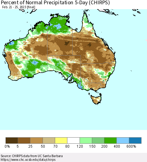 Australia Percent of Normal Precipitation 5-Day (CHIRPS) Thematic Map For 2/21/2023 - 2/25/2023