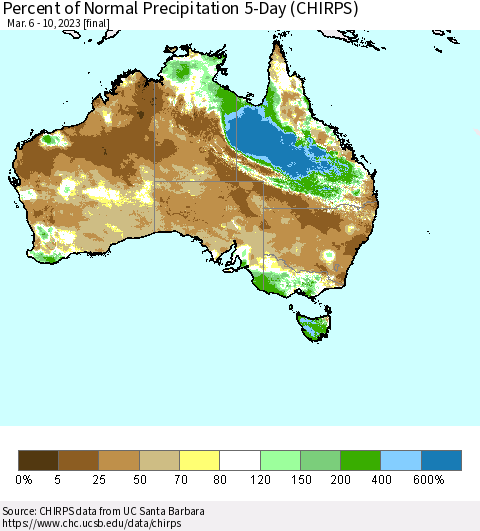 Australia Percent of Normal Precipitation 5-Day (CHIRPS) Thematic Map For 3/6/2023 - 3/10/2023