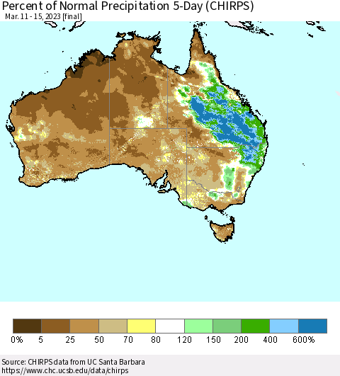 Australia Percent of Normal Precipitation 5-Day (CHIRPS) Thematic Map For 3/11/2023 - 3/15/2023