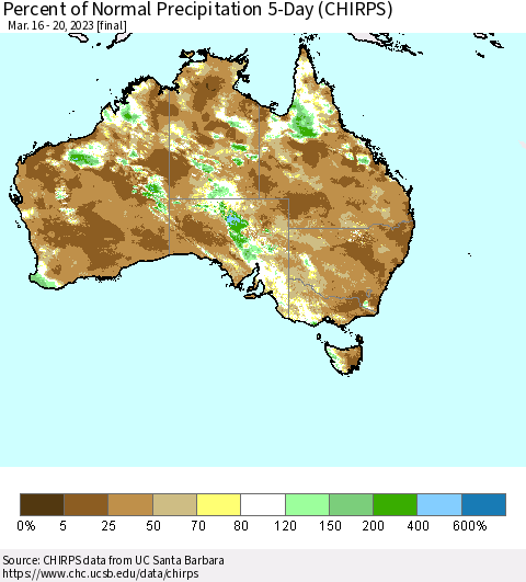Australia Percent of Normal Precipitation 5-Day (CHIRPS) Thematic Map For 3/16/2023 - 3/20/2023
