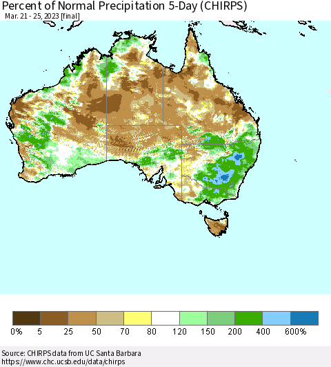 Australia Percent of Normal Precipitation 5-Day (CHIRPS) Thematic Map For 3/21/2023 - 3/25/2023
