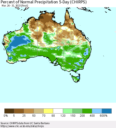 Australia Percent of Normal Precipitation 5-Day (CHIRPS) Thematic Map For 3/26/2023 - 3/31/2023
