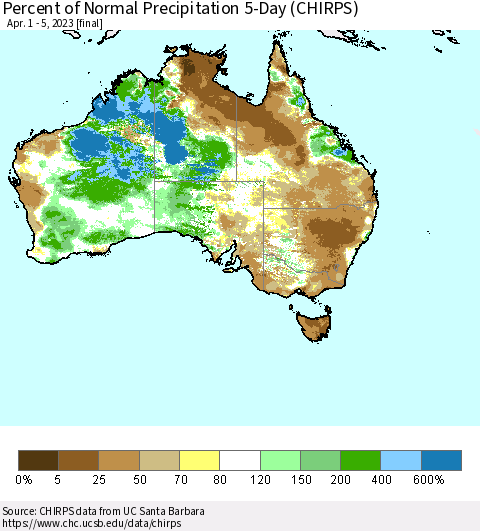 Australia Percent of Normal Precipitation 5-Day (CHIRPS) Thematic Map For 4/1/2023 - 4/5/2023