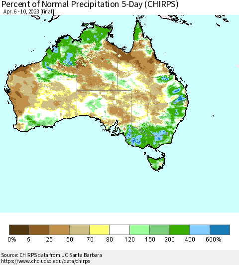 Australia Percent of Normal Precipitation 5-Day (CHIRPS) Thematic Map For 4/6/2023 - 4/10/2023