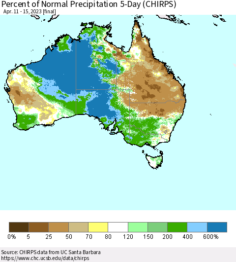 Australia Percent of Normal Precipitation 5-Day (CHIRPS) Thematic Map For 4/11/2023 - 4/15/2023