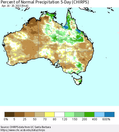 Australia Percent of Normal Precipitation 5-Day (CHIRPS) Thematic Map For 4/16/2023 - 4/20/2023