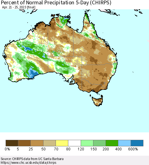 Australia Percent of Normal Precipitation 5-Day (CHIRPS) Thematic Map For 4/21/2023 - 4/25/2023