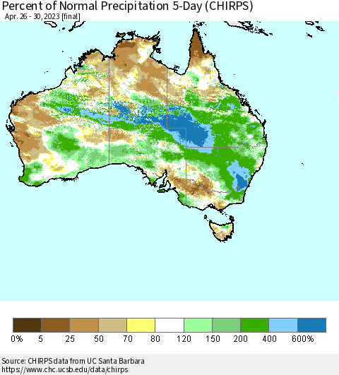 Australia Percent of Normal Precipitation 5-Day (CHIRPS) Thematic Map For 4/26/2023 - 4/30/2023