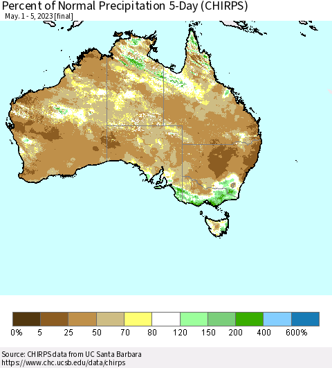 Australia Percent of Normal Precipitation 5-Day (CHIRPS) Thematic Map For 5/1/2023 - 5/5/2023