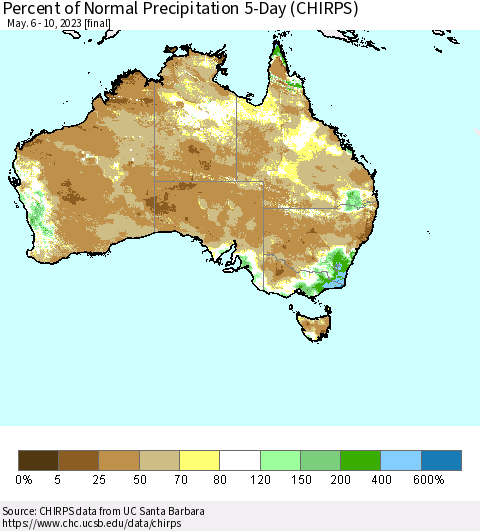 Australia Percent of Normal Precipitation 5-Day (CHIRPS) Thematic Map For 5/6/2023 - 5/10/2023