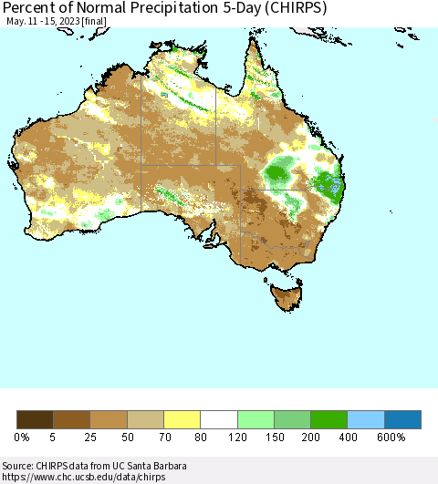 Australia Percent of Normal Precipitation 5-Day (CHIRPS) Thematic Map For 5/11/2023 - 5/15/2023