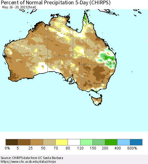 Australia Percent of Normal Precipitation 5-Day (CHIRPS) Thematic Map For 5/16/2023 - 5/20/2023