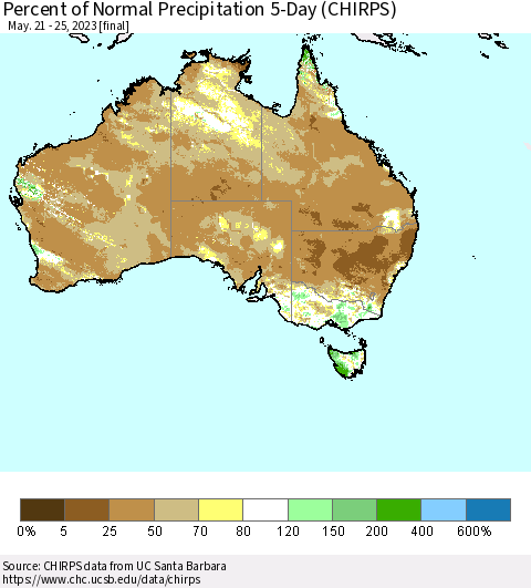 Australia Percent of Normal Precipitation 5-Day (CHIRPS) Thematic Map For 5/21/2023 - 5/25/2023